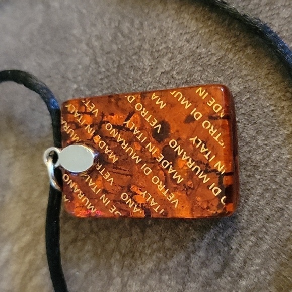 MURANO Rectangle Red Gold Metallic Art Glass Pendant Rope Necklace - Picture 4 of 5